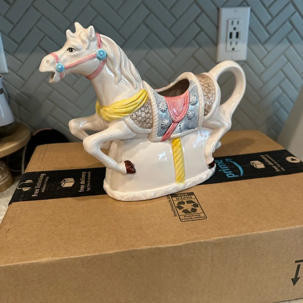 Vintage White Ceramic Carousel Horse Figurine Planter Vase - Heritage America